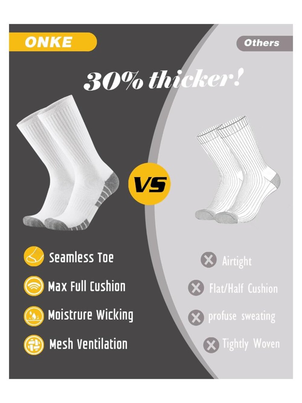 Men's Seamless Athletic Crew Work Socks 6 Pack Cushion - Picture 3 of 6